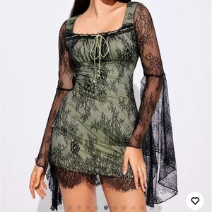Cider Sage Green & Lace bell sleeve mini dress